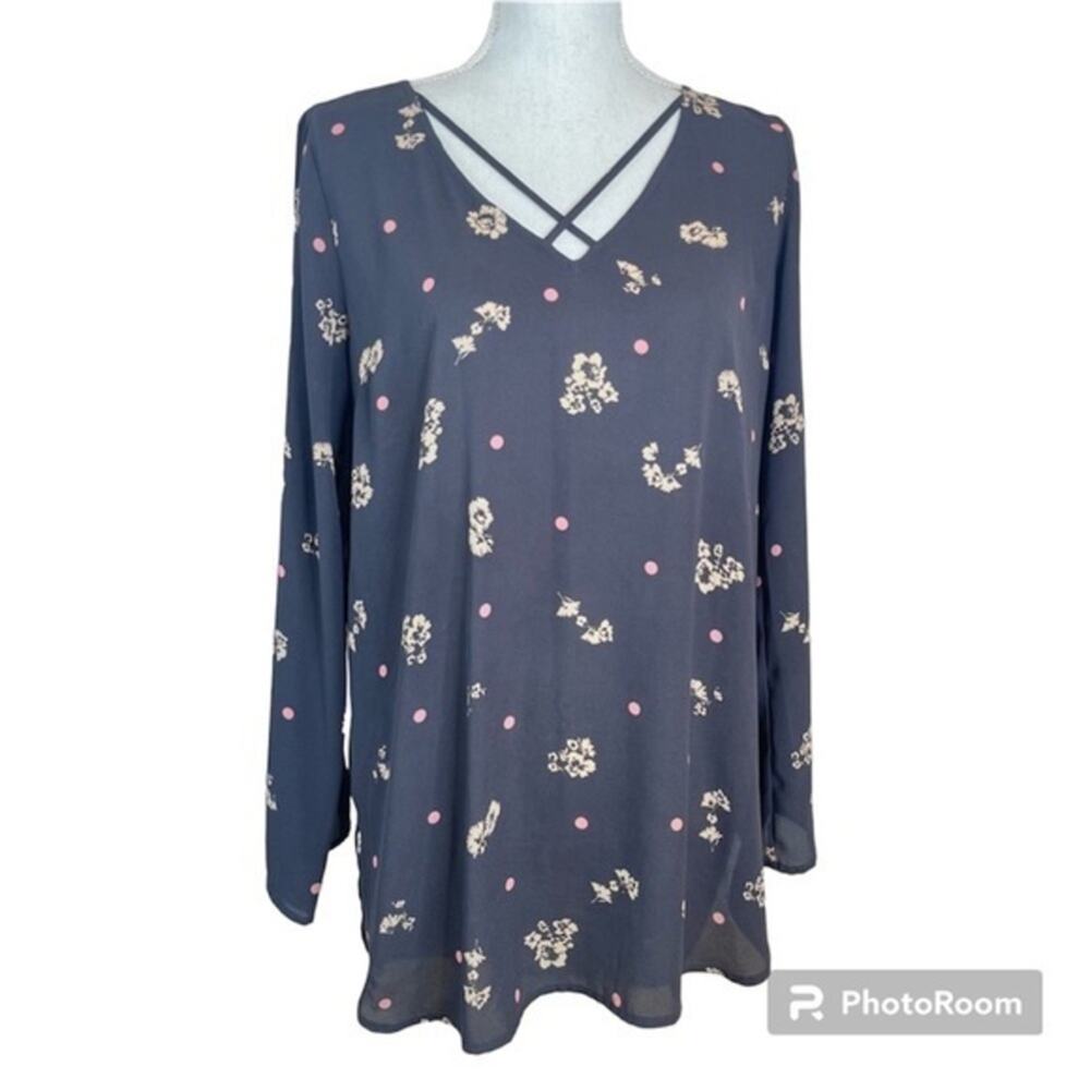 Express Women Gray Floral Business Casual Lightweight Professional Tunic Blouse